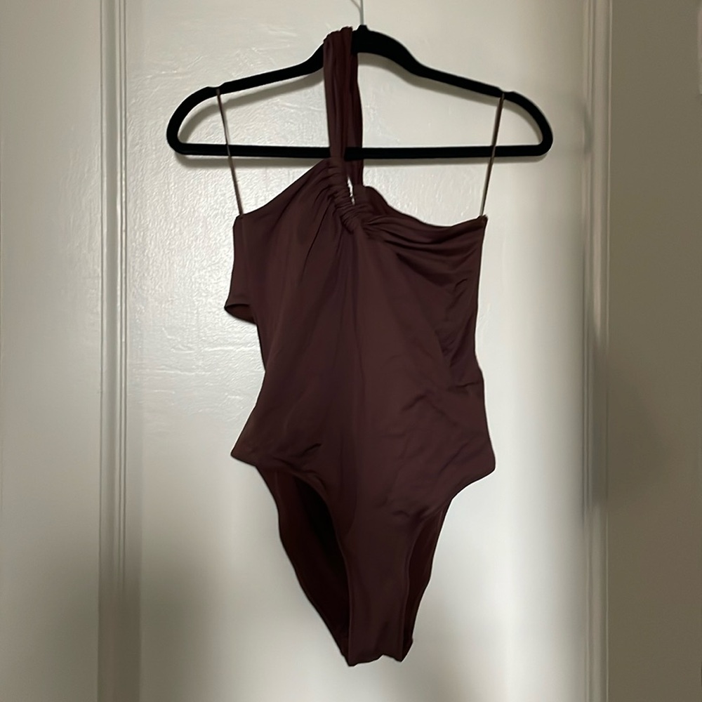 Zara one shoulder swimsuit, brown, size XL. NWT.